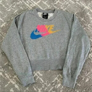 Nike Grey Cropped Sweatshirt with Multicolor Swoosh, Embroidered Sweatshirt, S